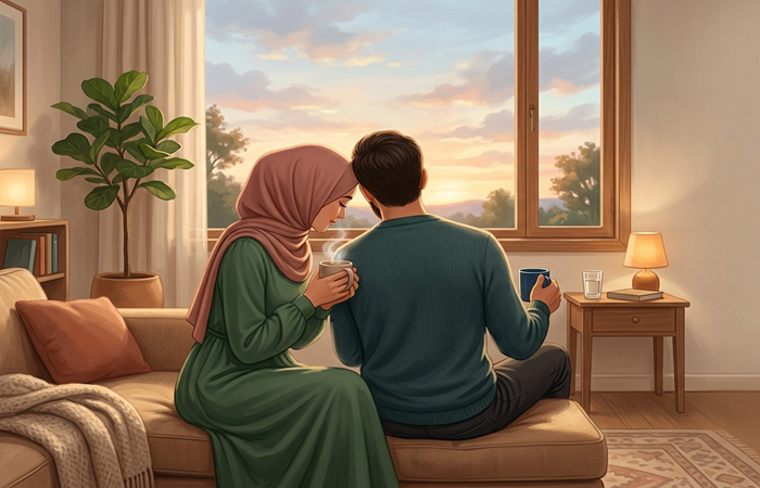 زوجان يشربان الشاي على أريكة عند الغروب، والزوجة تقترب من زوجها في مشهد يجسّد السكن والمودة والرحمة