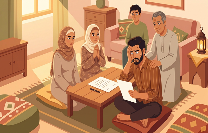 شاب قلق يمسك ورقة القايمة وسط أهله قبل التوقيع على قائمة المنقولات