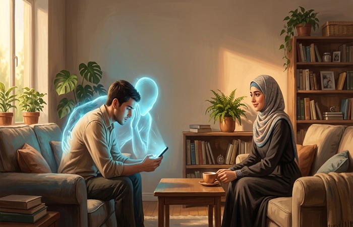 شاب منشغل بهاتفه يحيط به طيف مضيء يرمز للذكاء الاصطناعي، بينما تجلس أمامه خطيبته المحجبة في لقاء عائلي، تعبيرًا عن تهديد الذكاء الاصطناعي لزواج الأبناء.
